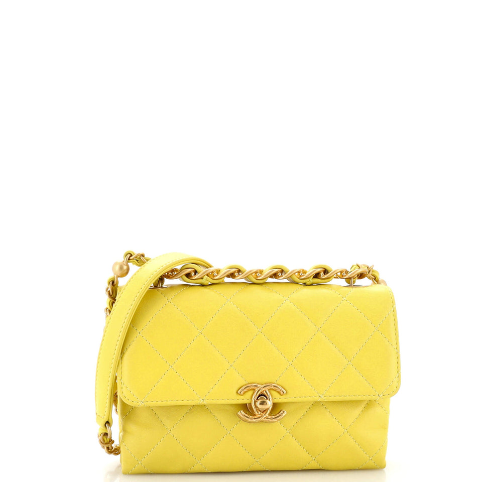 Chain Bar Top Handle Flap Bag Quilted Calfskin Mini