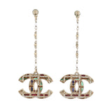 Tweed Effect CC Chain Drop Earrings Metal and Enamel with Crystals and Faux Pearls