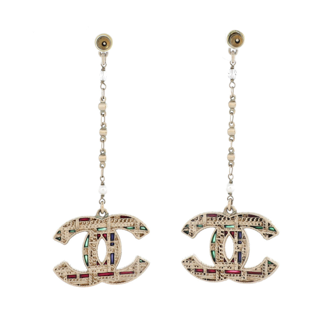 Tweed Effect CC Chain Drop Earrings Metal and Enamel with Crystals and Faux Pearls