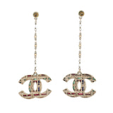 Tweed Effect CC Chain Drop Earrings Metal and Enamel with Crystals and Faux Pearls