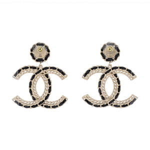 CC Woven Chain Drop Earrings Metal and Leather