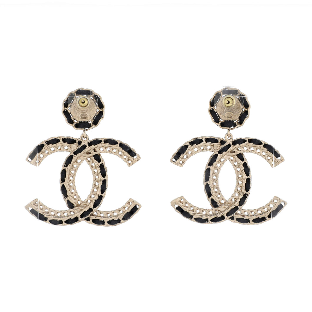 CC Woven Chain Drop Earrings Metal and Leather