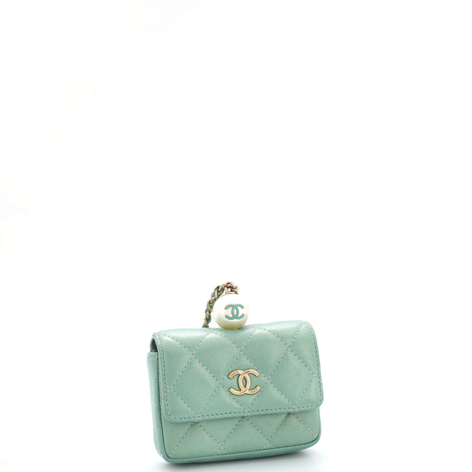 CC Pearl Coin Card Holder with Chain Quilted Iridescent Caviar