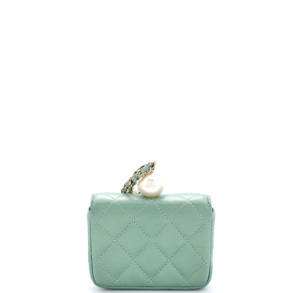 CC Pearl Coin Card Holder with Chain Quilted Iridescent Caviar
