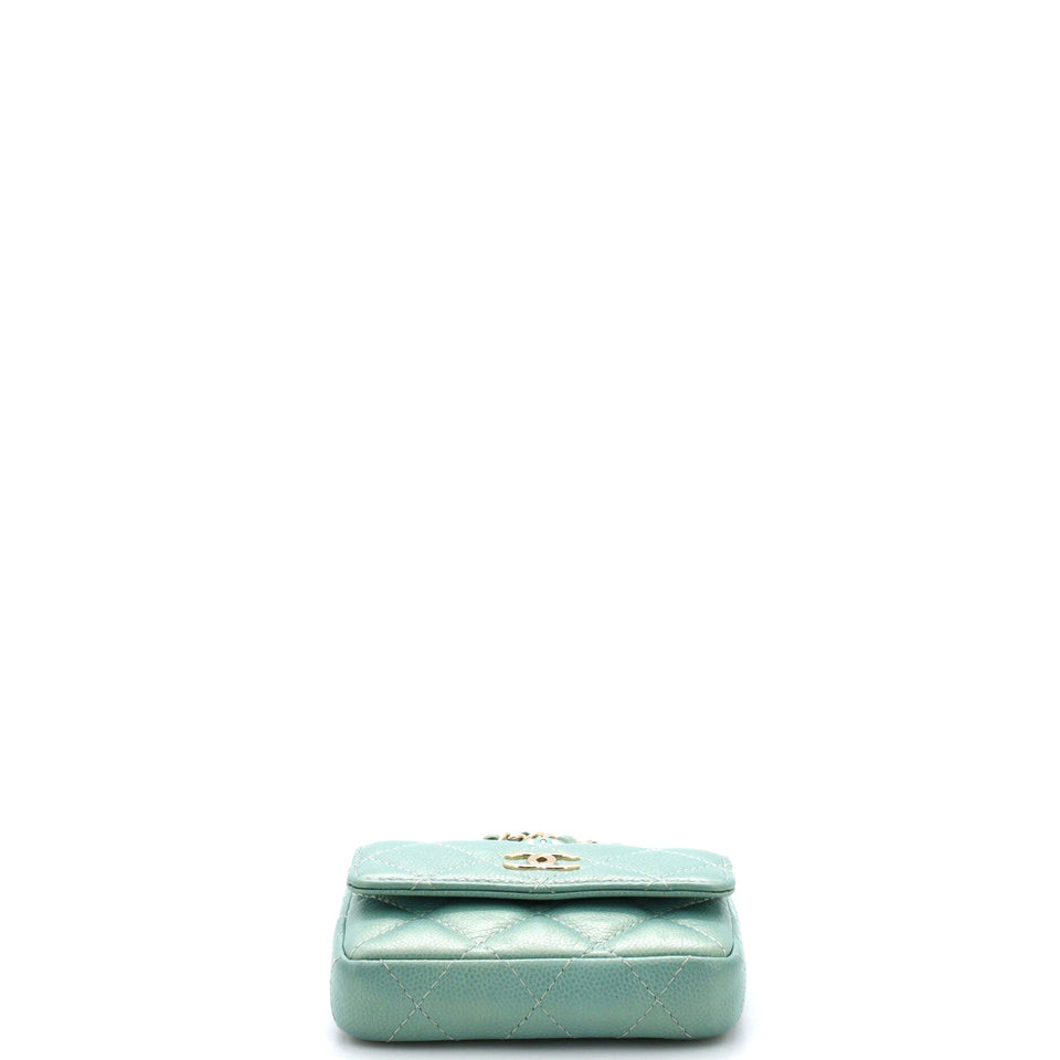 CC Pearl Coin Card Holder with Chain Quilted Iridescent Caviar