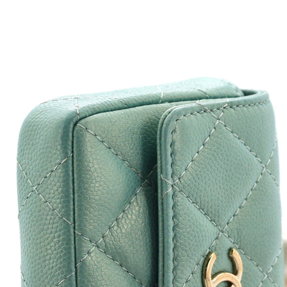 CC Pearl Coin Card Holder with Chain Quilted Iridescent Caviar
