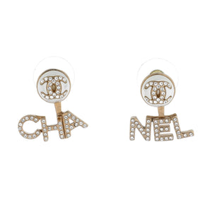 CHA-NEL Drop CC Stud Earrings Metal with Crystals and Faux Pearls