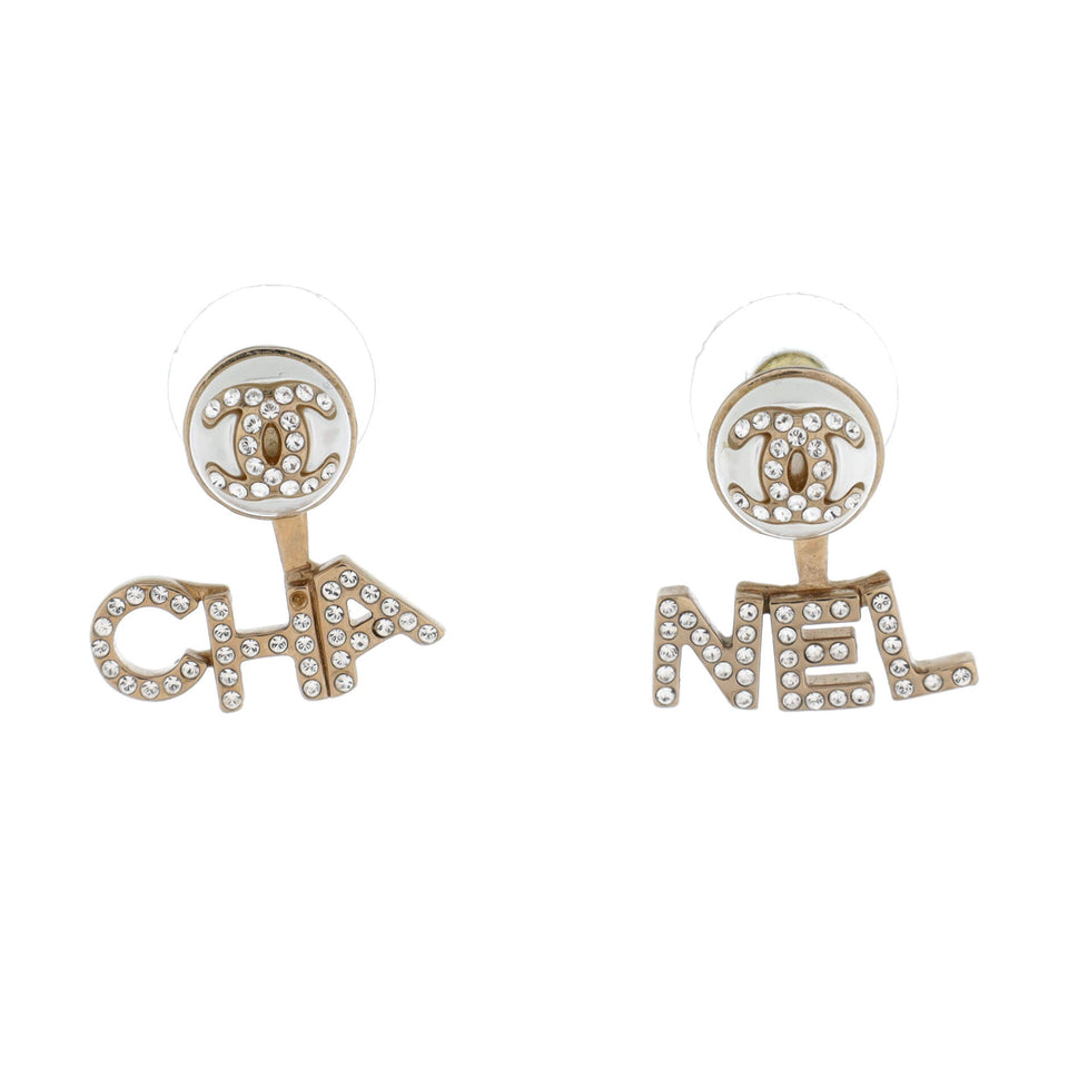 CHA-NEL Drop CC Stud Earrings Metal with Crystals and Faux Pearls