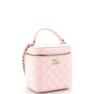 CC Top Handle Vanity Case with Chain Quilted Caviar Small