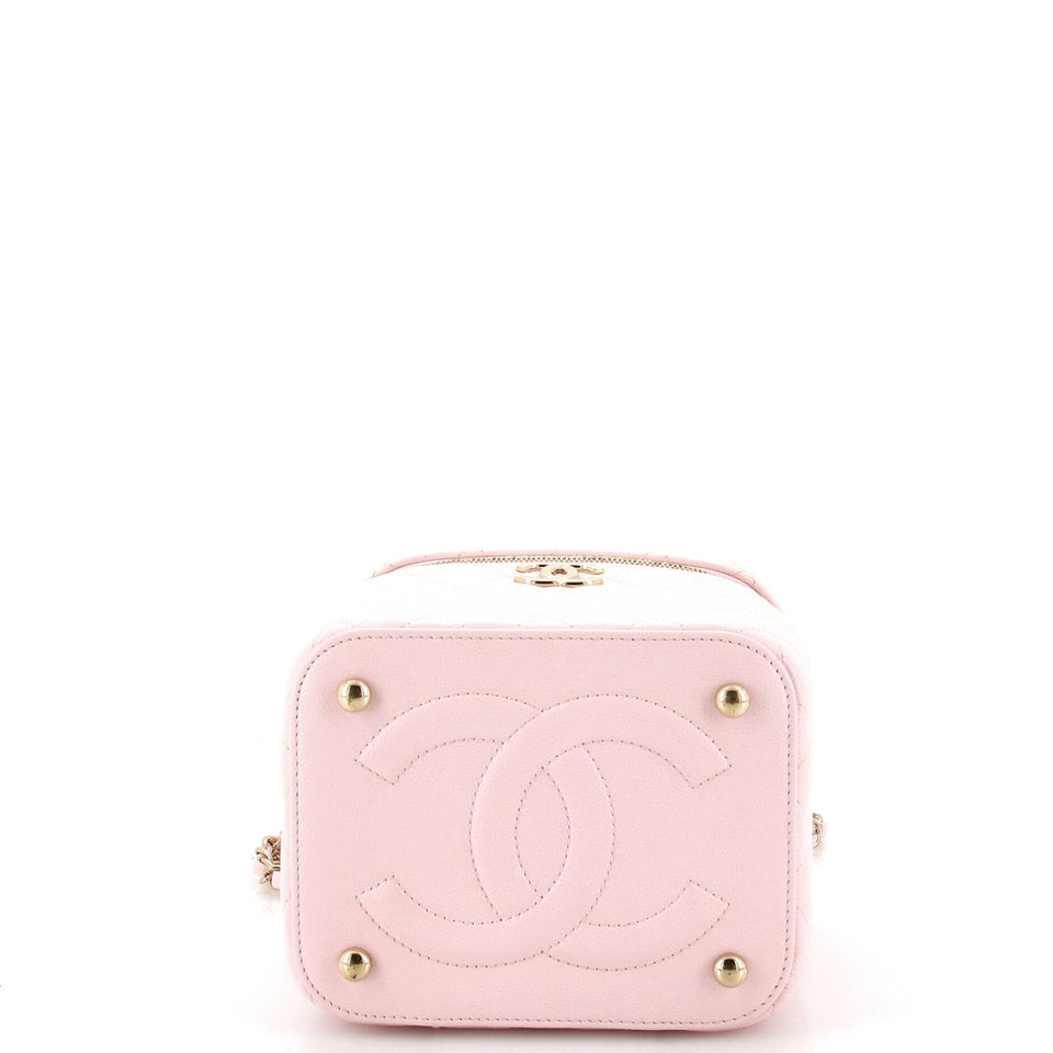 CC Top Handle Vanity Case with Chain Quilted Caviar Small