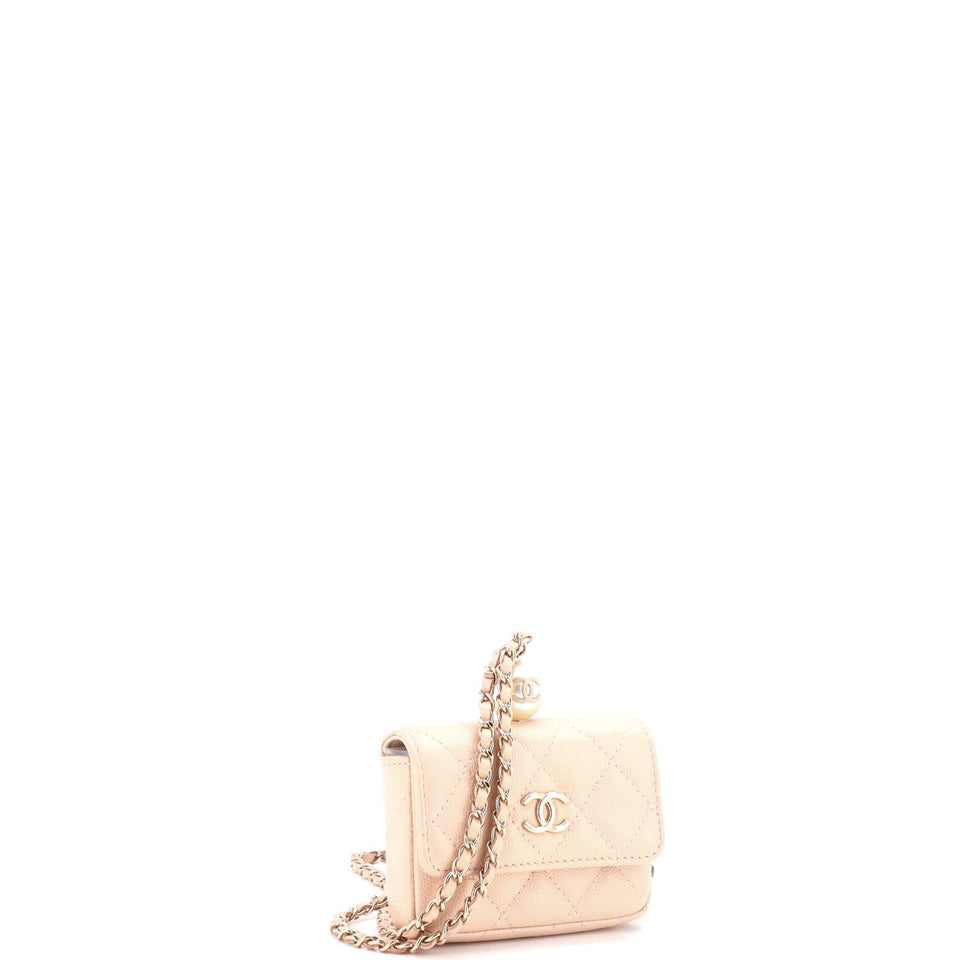 CC Pearl Coin Card Holder with Chain Quilted Iridescent Caviar