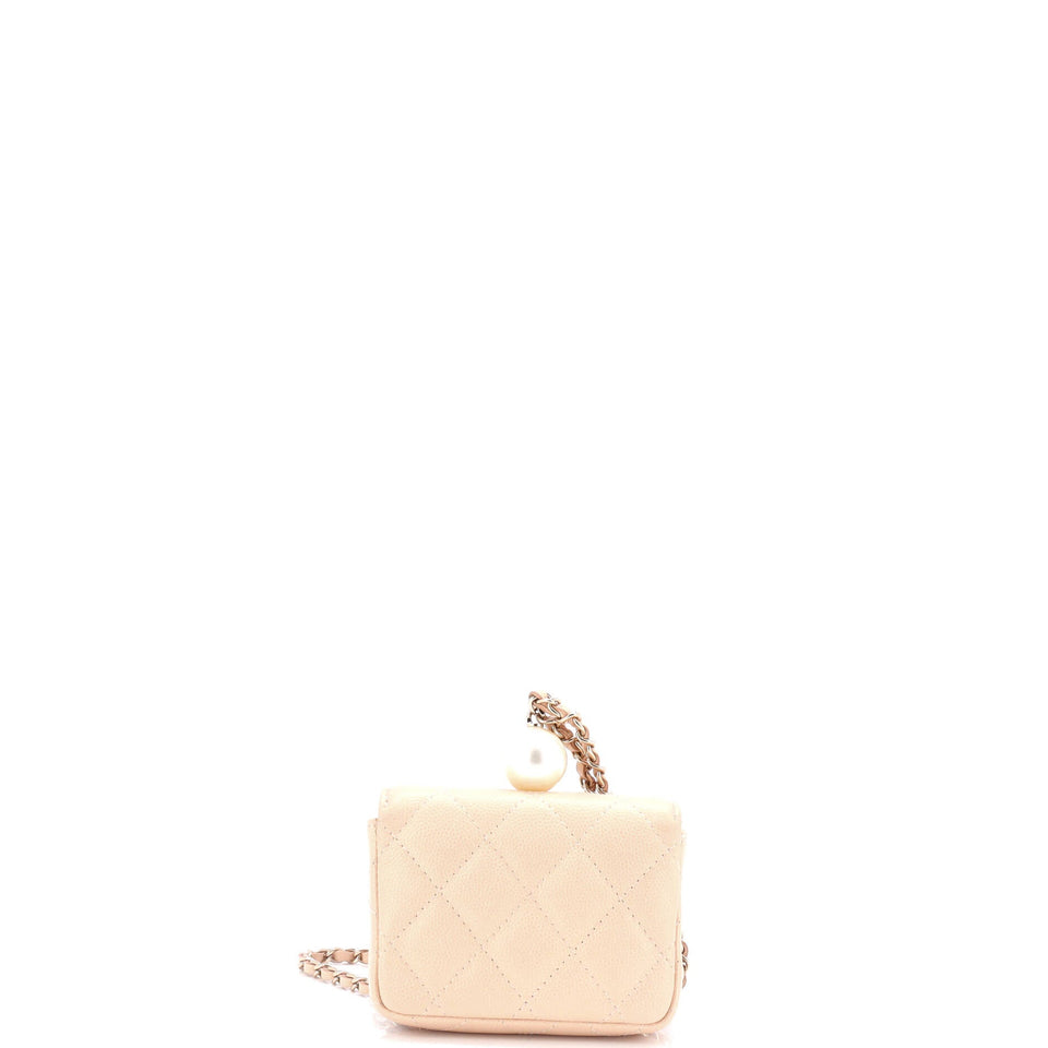 CC Pearl Coin Card Holder with Chain Quilted Iridescent Caviar