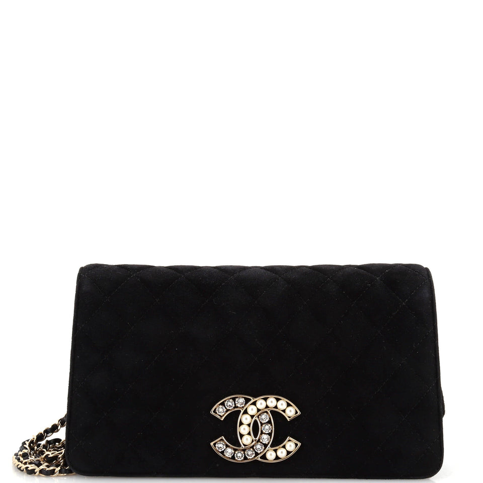 CC Chain Full Flap Bag Quilted Suede with Faux Pearls and Crystals