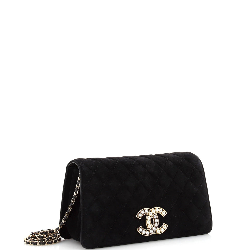 CC Chain Full Flap Bag Quilted Suede with Faux Pearls and Crystals