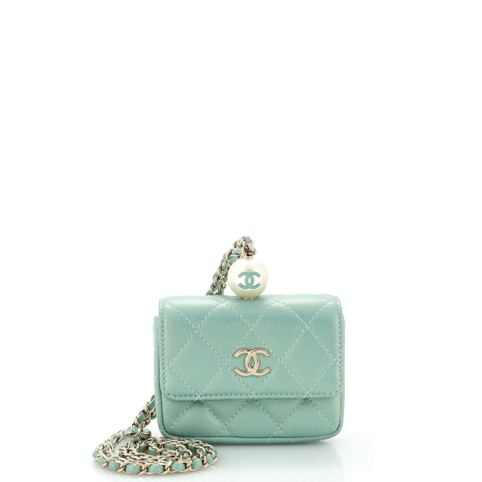 CC Pearl Coin Card Holder with Chain Quilted Iridescent Caviar