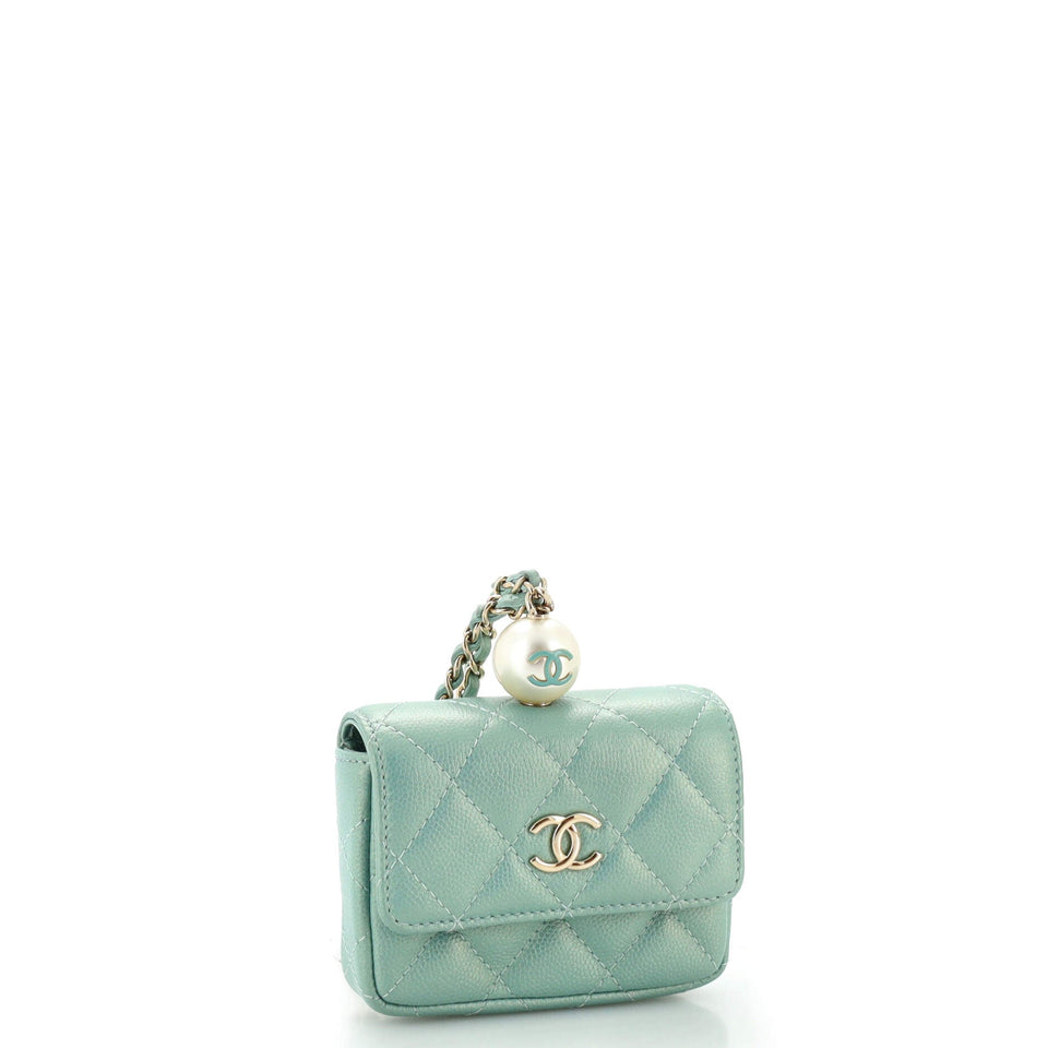 CC Pearl Coin Card Holder with Chain Quilted Iridescent Caviar