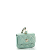 CC Pearl Coin Card Holder with Chain Quilted Iridescent Caviar
