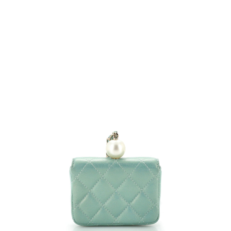 CC Pearl Coin Card Holder with Chain Quilted Iridescent Caviar