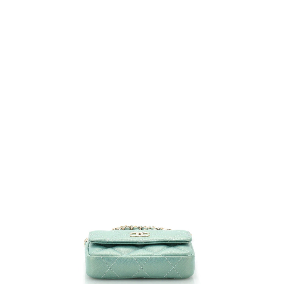 CC Pearl Coin Card Holder with Chain Quilted Iridescent Caviar