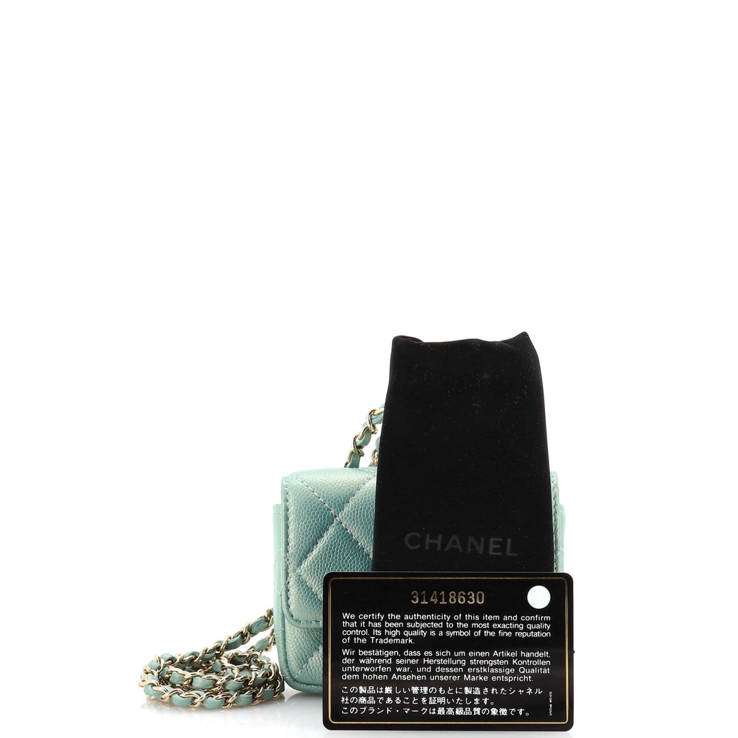 CC Pearl Coin Card Holder with Chain Quilted Iridescent Caviar