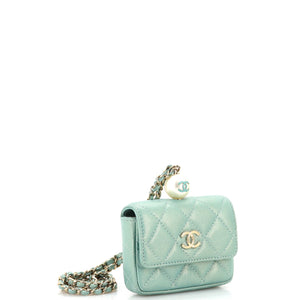 CC Pearl Coin Card Holder with Chain Quilted Iridescent Caviar