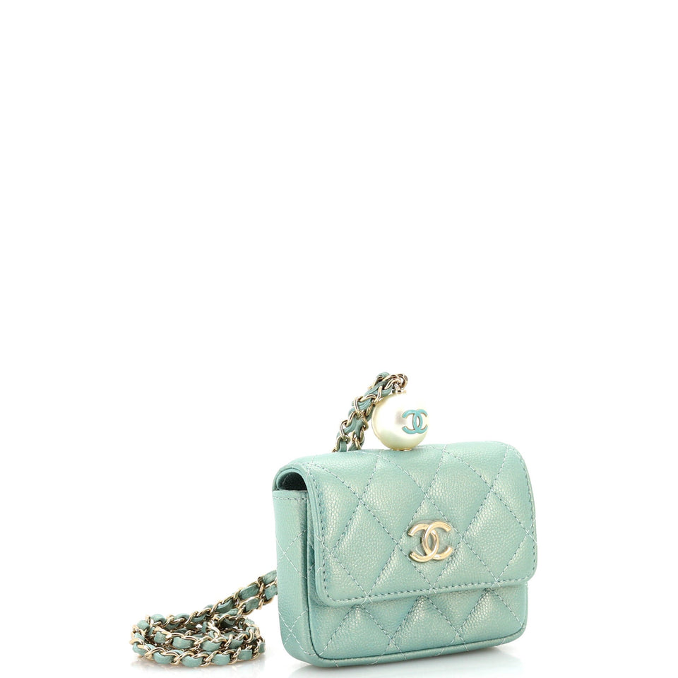 CC Pearl Coin Card Holder with Chain Quilted Iridescent Caviar