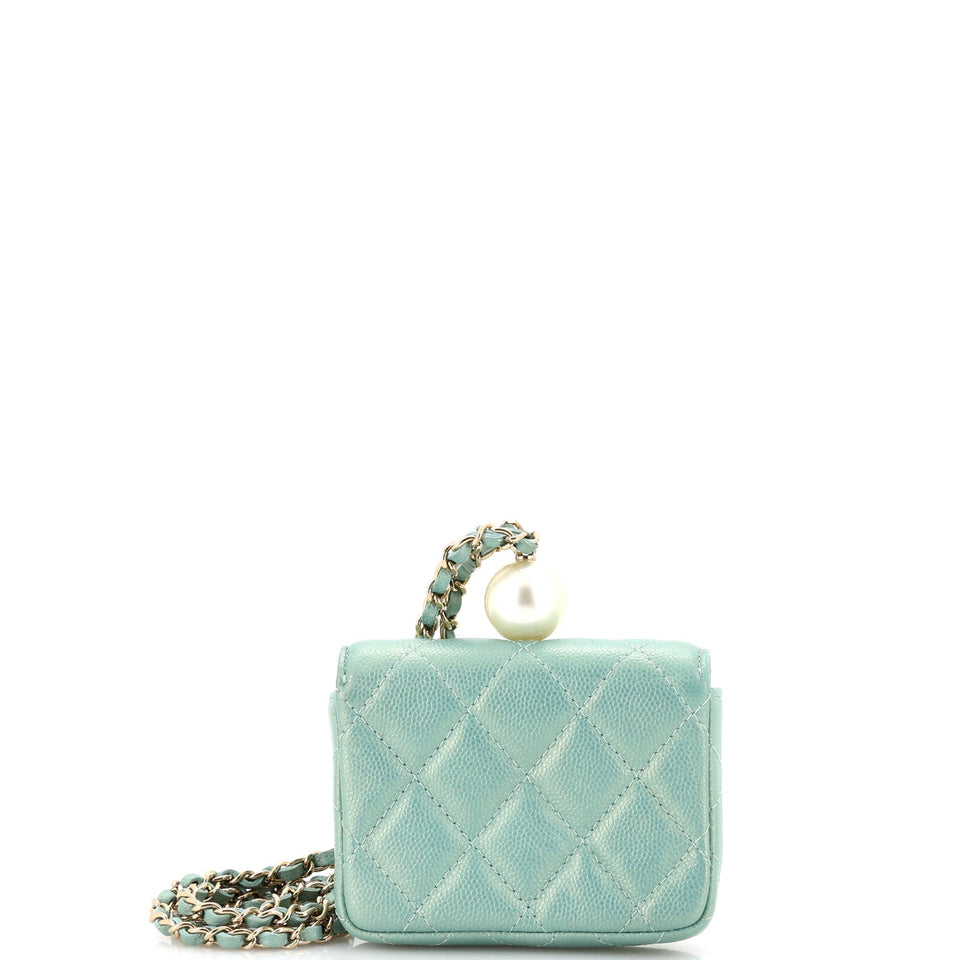 CC Pearl Coin Card Holder with Chain Quilted Iridescent Caviar