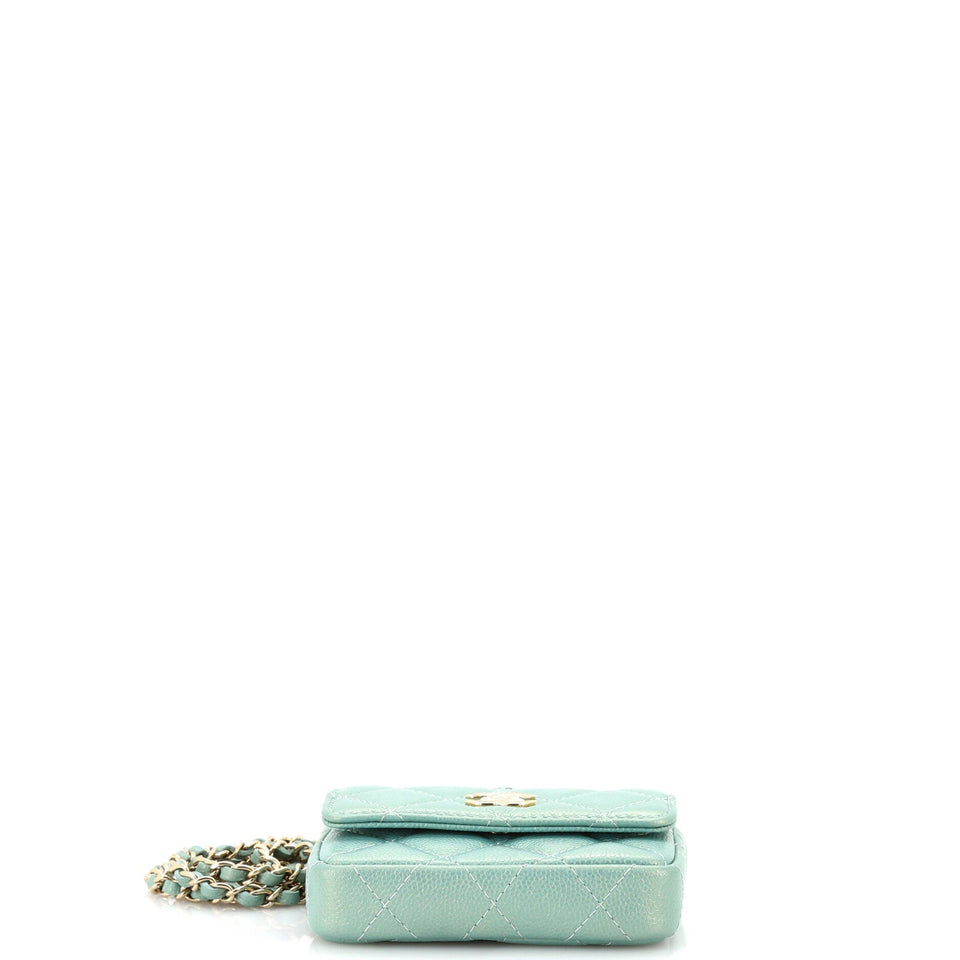 CC Pearl Coin Card Holder with Chain Quilted Iridescent Caviar