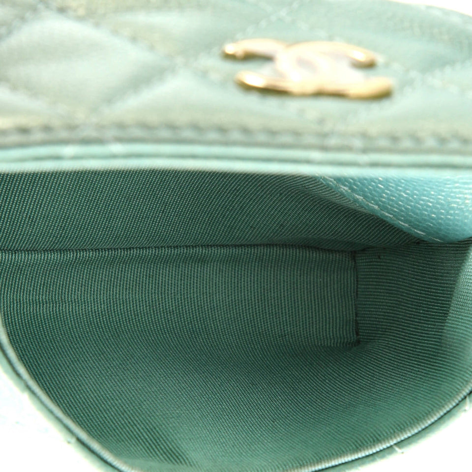 CC Pearl Coin Card Holder with Chain Quilted Iridescent Caviar