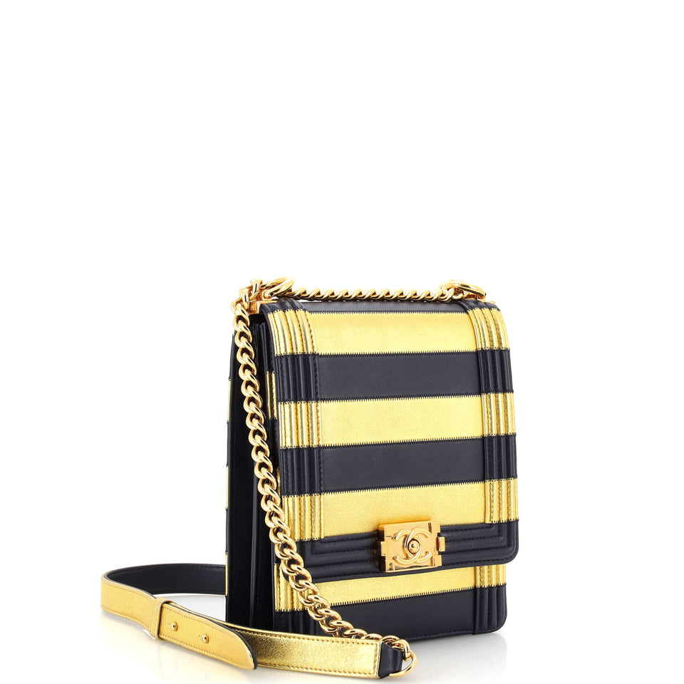 Paris-New York North South Boy Flap Bag Striped Lambskin Small