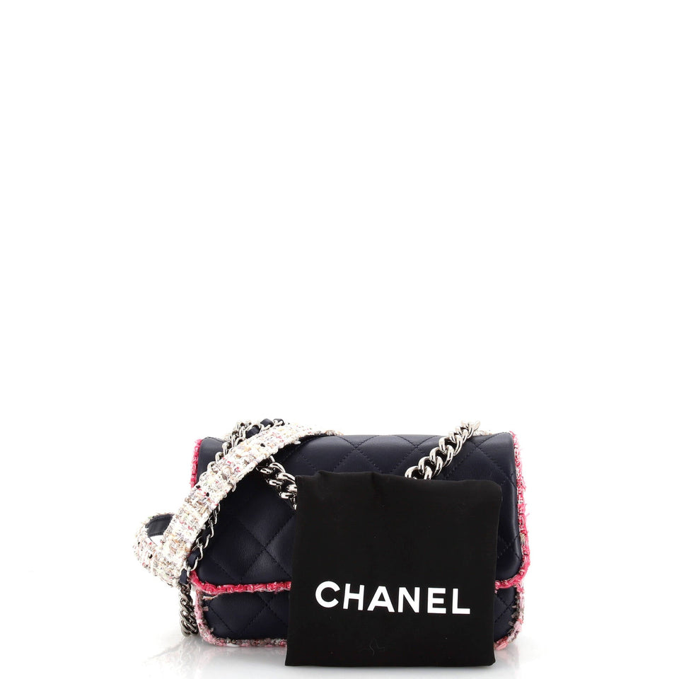 Elegant Trim Single Flap Bag Quilted Lambskin with Tweed