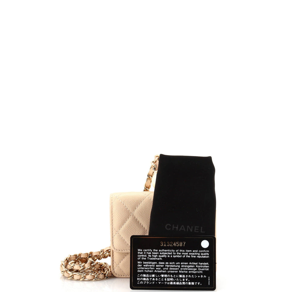 CC Pearl Coin Card Holder with Chain Quilted Iridescent Caviar