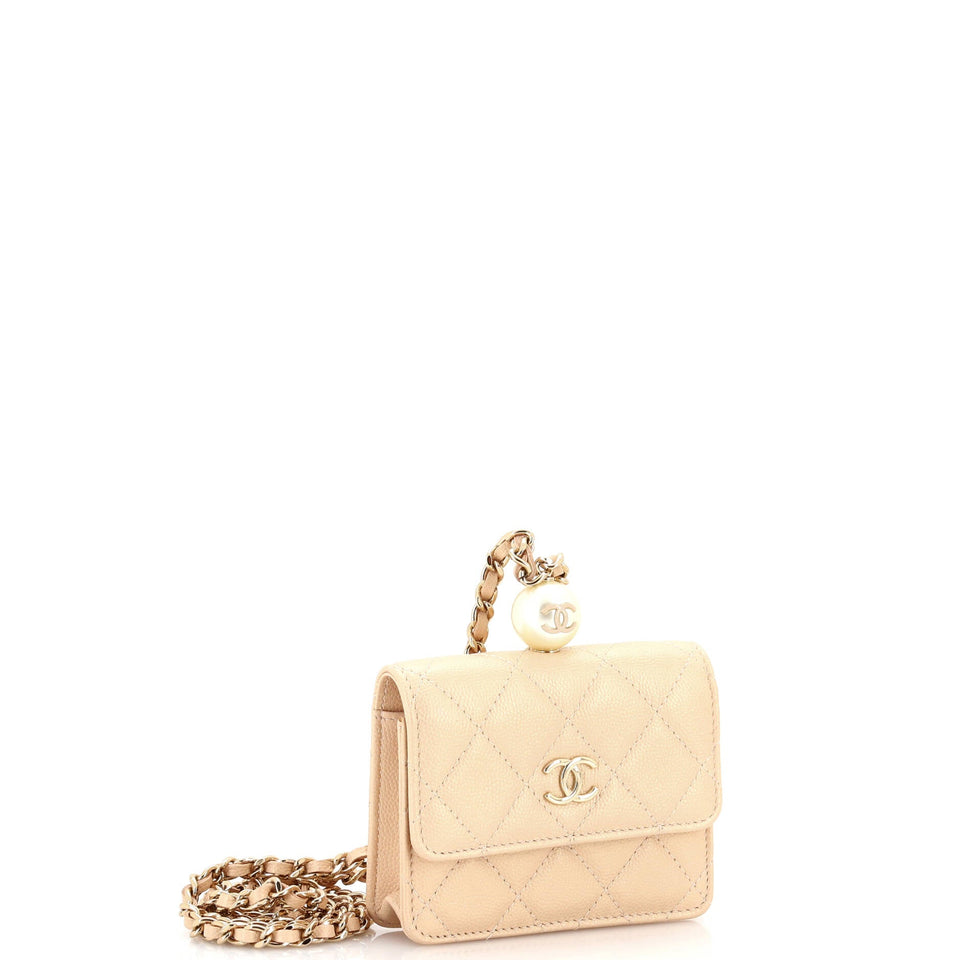 CC Pearl Coin Card Holder with Chain Quilted Iridescent Caviar