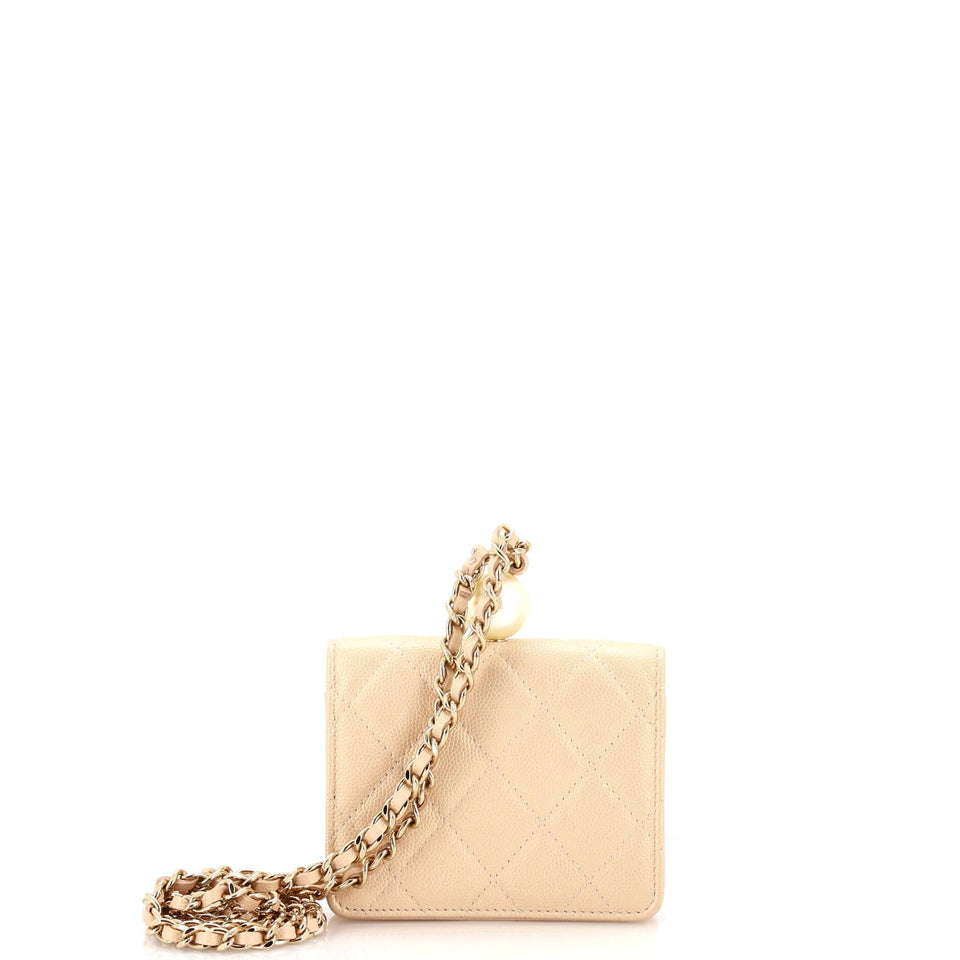 CC Pearl Coin Card Holder with Chain Quilted Iridescent Caviar