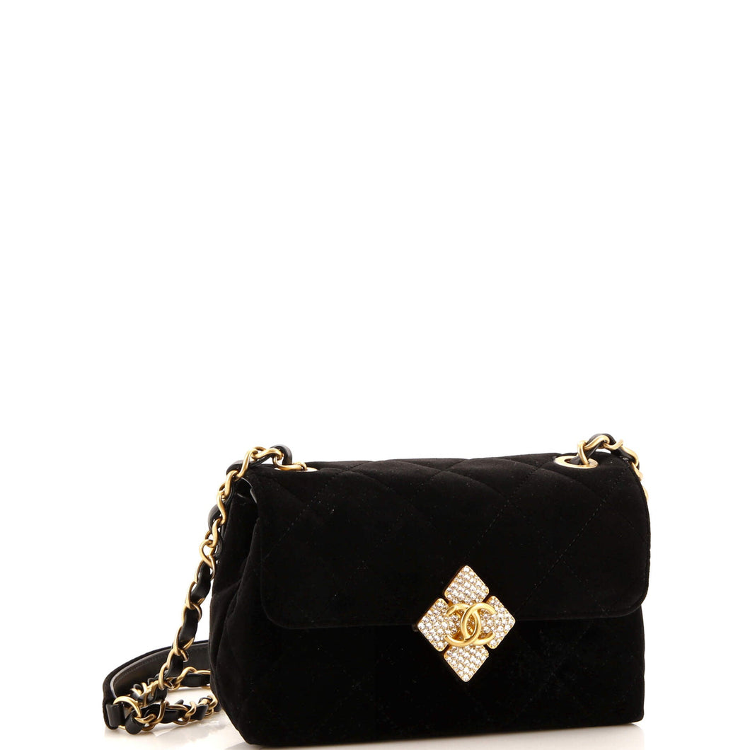 Diamond Lock CC Flap Bag Quilted Velvet with Crystals Mini
