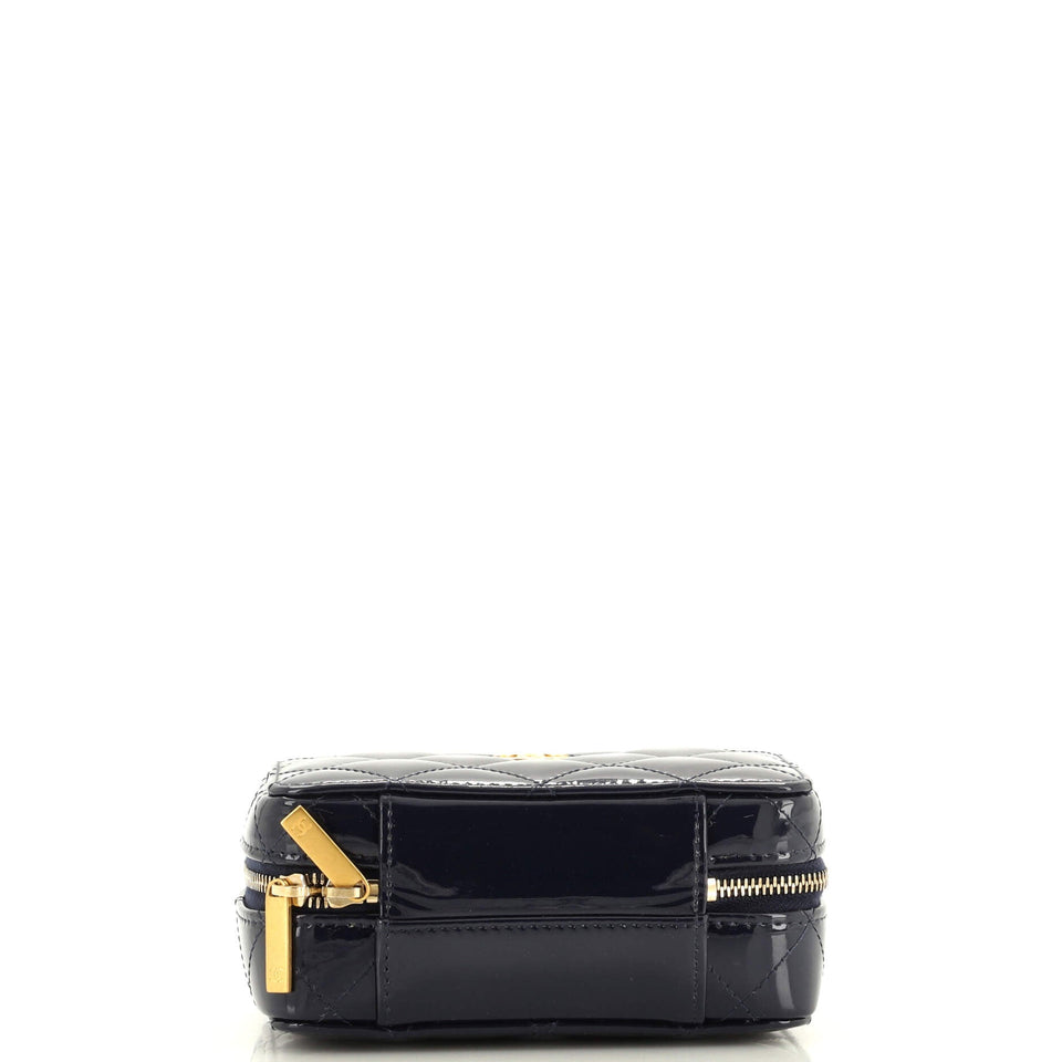 Woven Chain Top Handle Vanity Case Quilted Patent Mini