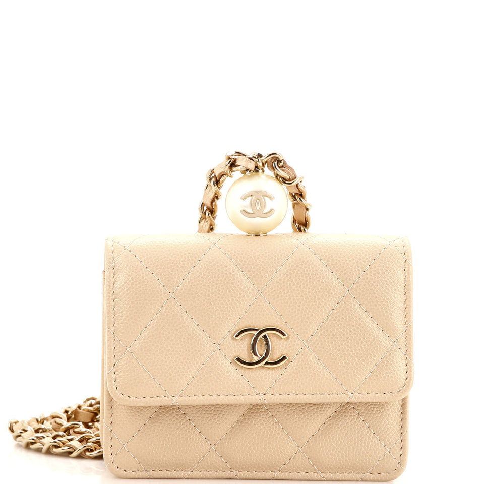 CC Pearl Coin Card Holder with Chain Quilted Iridescent Caviar