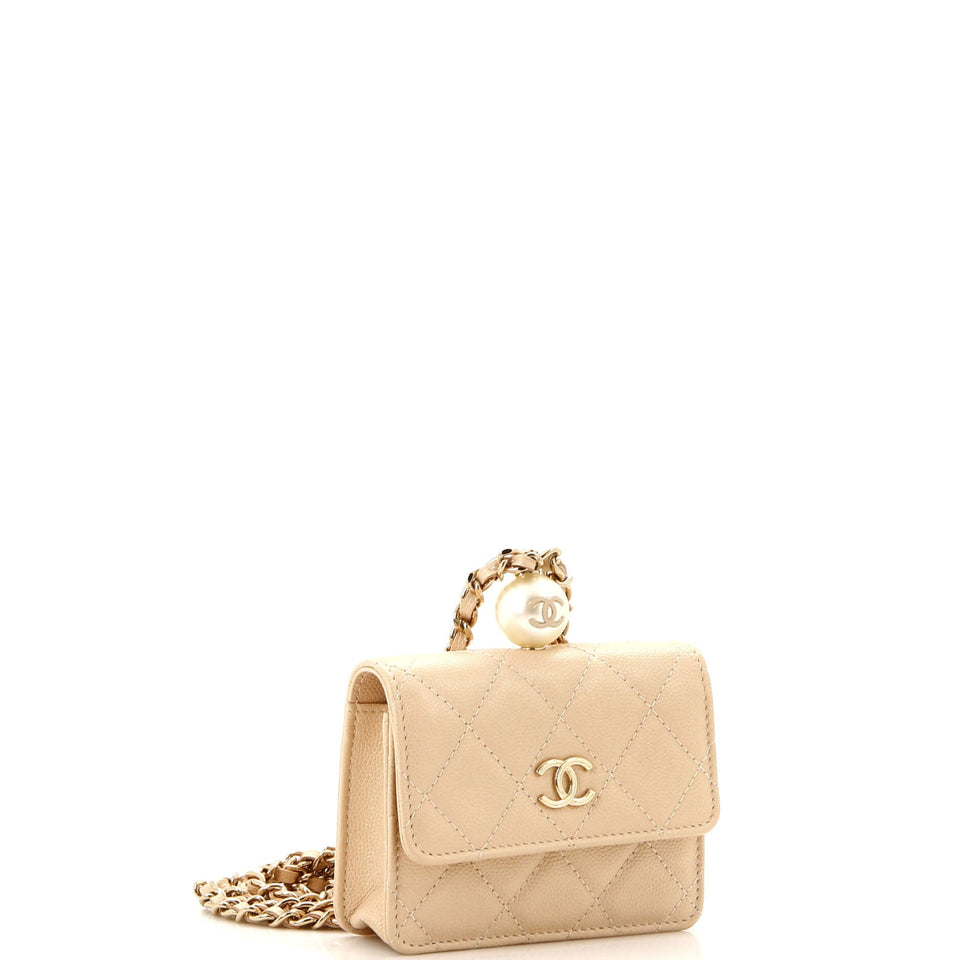 CC Pearl Coin Card Holder with Chain Quilted Iridescent Caviar