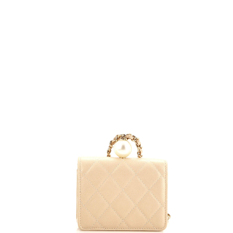 CC Pearl Coin Card Holder with Chain Quilted Iridescent Caviar