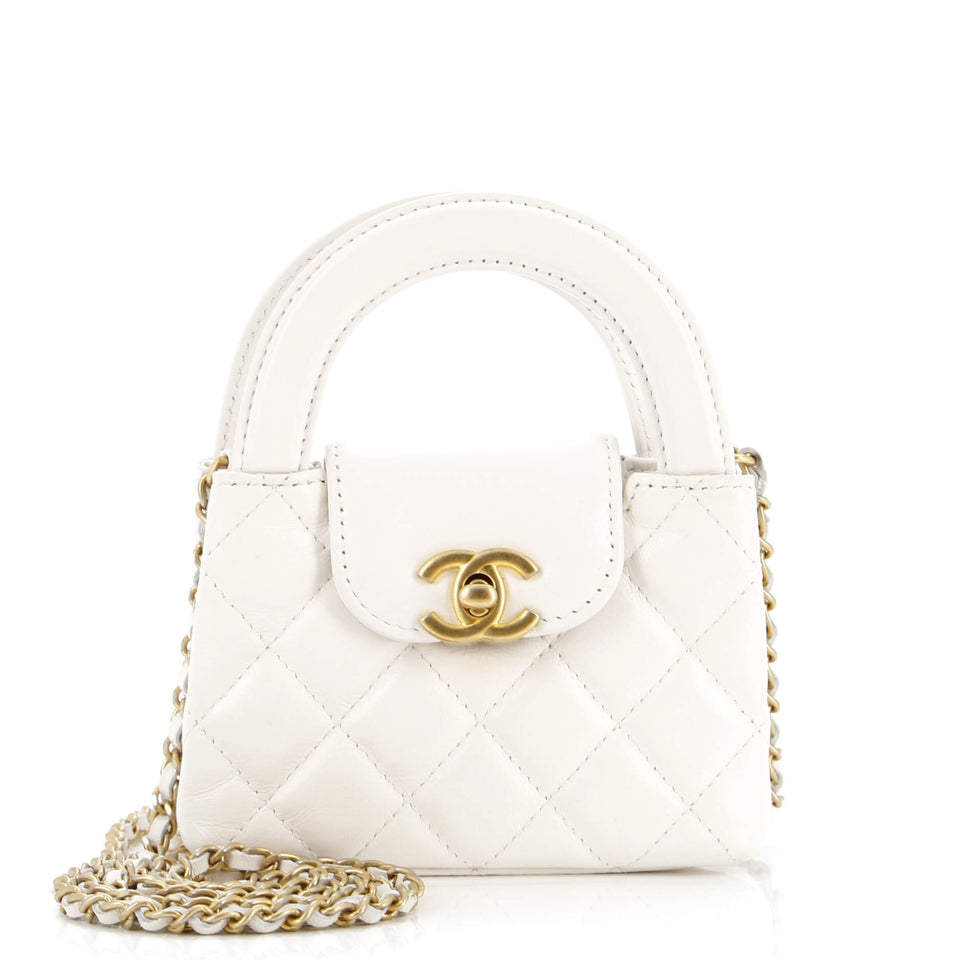 Kelly Top Handle Clutch with Chain Quilted Shiny Aged Calfskin