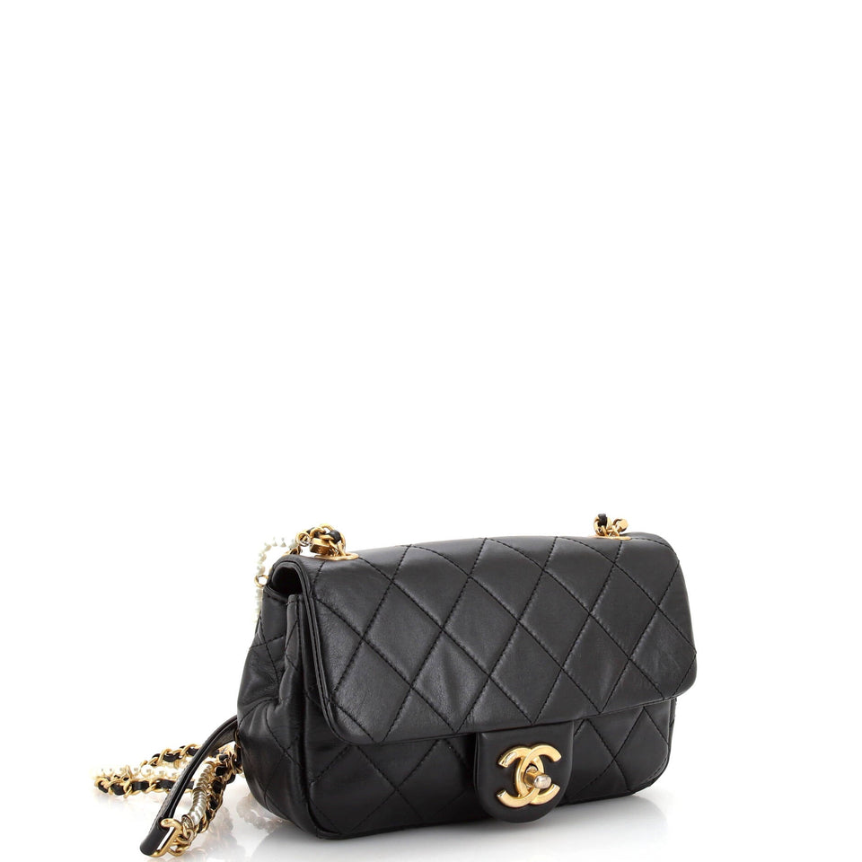 Crystal Pearls Chain Flap Bag Quilted Calfskin Small