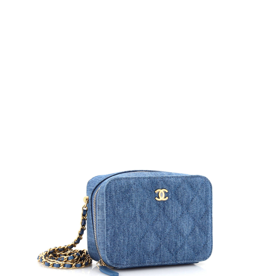 Pearl Crush Zip Around Vanity Case with Chain Quilted Denim Mini