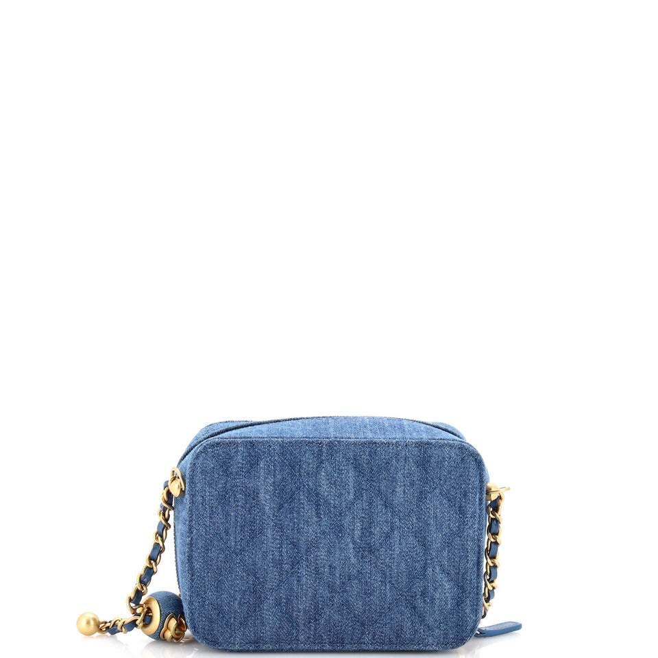 Pearl Crush Zip Around Vanity Case with Chain Quilted Denim Mini