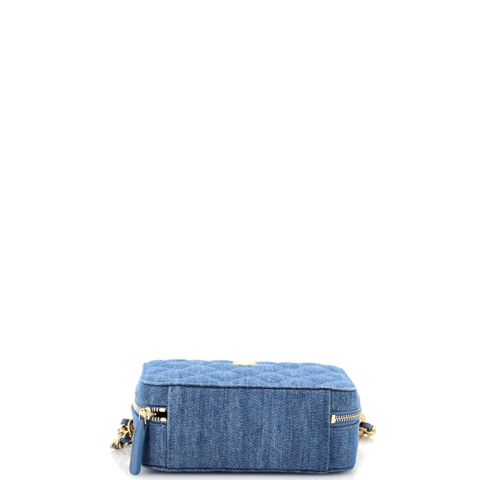 Pearl Crush Zip Around Vanity Case with Chain Quilted Denim Mini