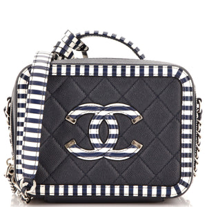 Filigree Vanity Case Quilted Caviar with Striped Leather Medium