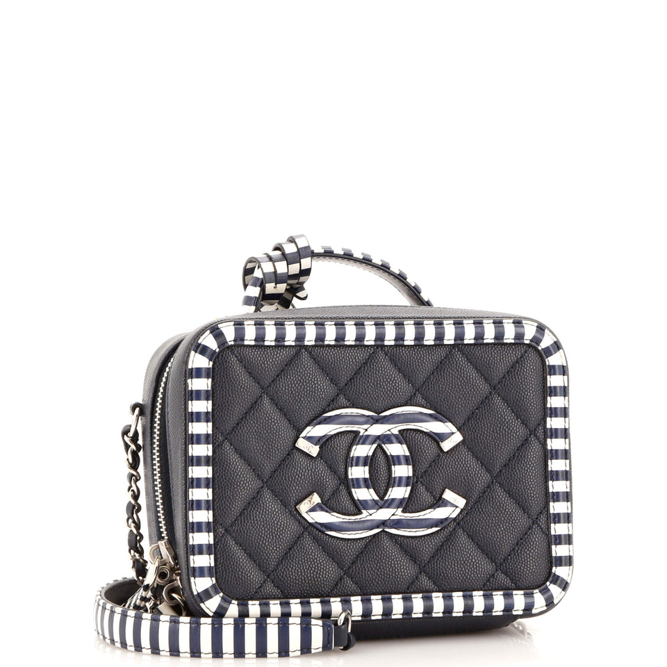 Filigree Vanity Case Quilted Caviar with Striped Leather Medium