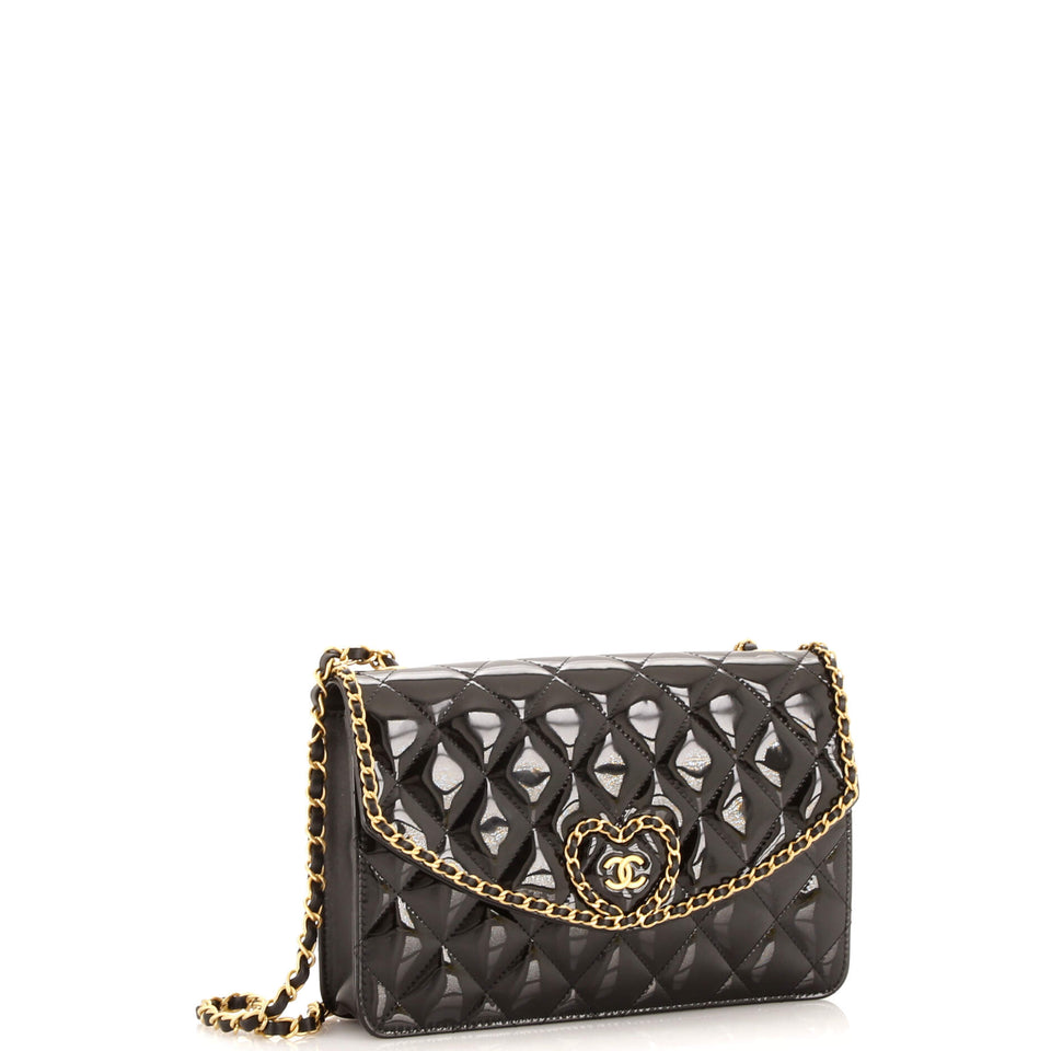 Heart Chain Flap Bag Quilted Patent Small