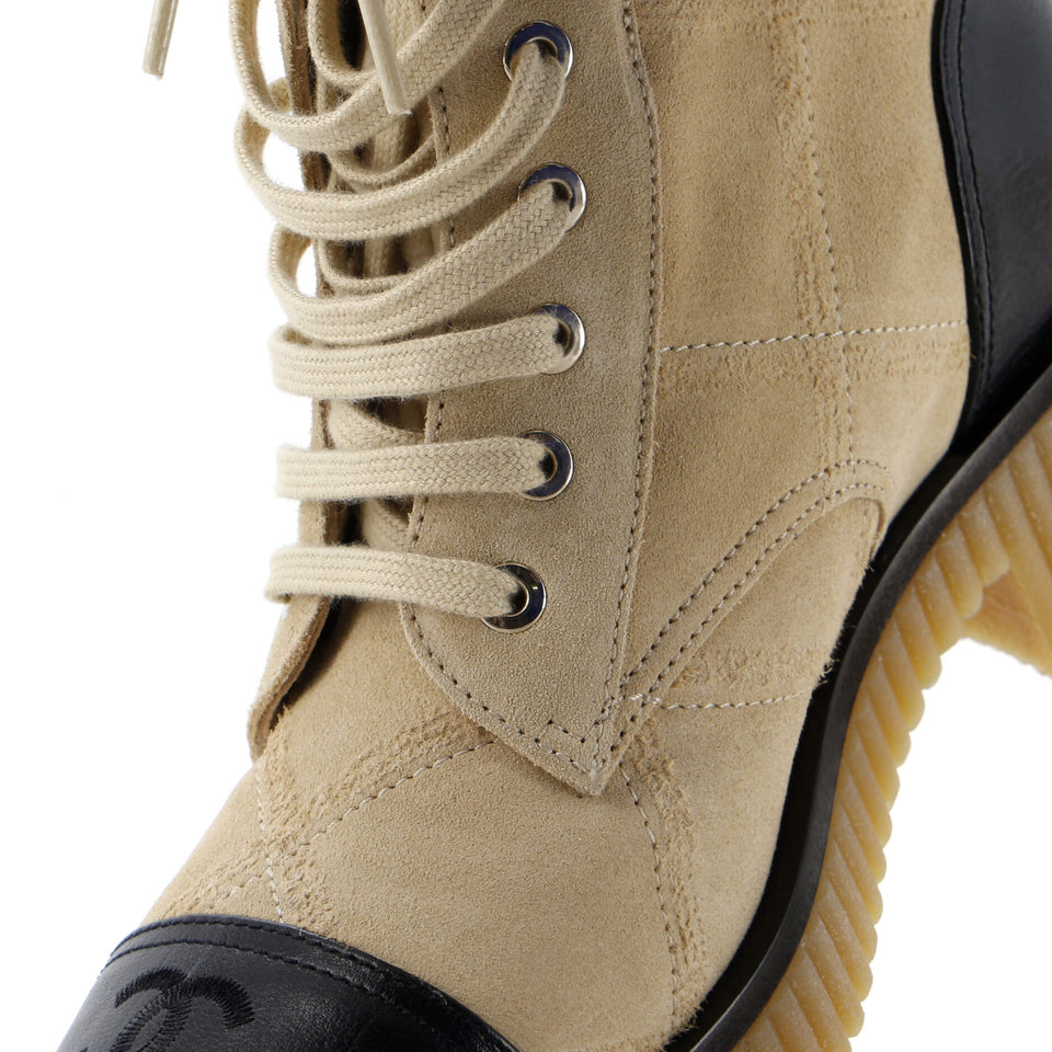 Women's Chain CC Cap Toe Lace Up Combat Boots Quilted Leather