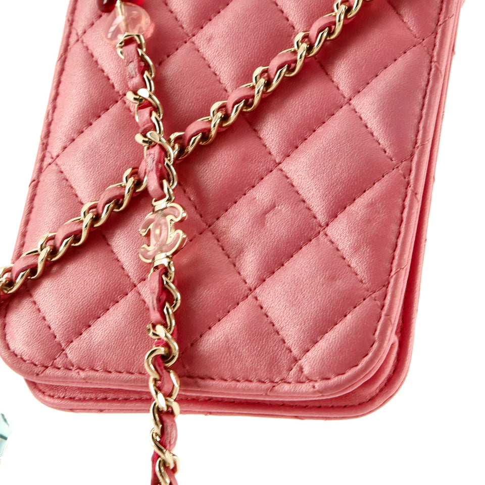 Resin CC Phone Holder with Chain Quilted Lambskin
