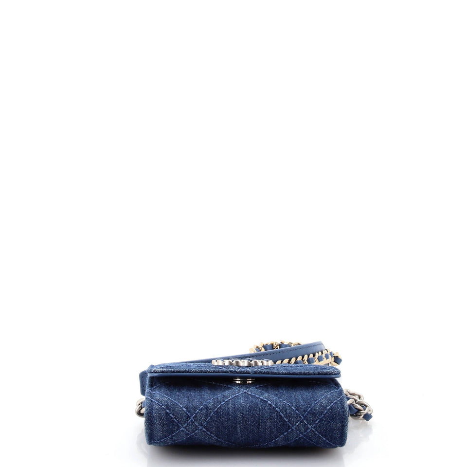19 Flap Coin Purse With Chain Quilted Denim